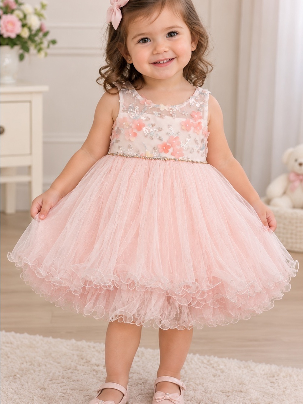American Princess Blush Pink Floral Appliqué Tulle Party Dress, size 4T.